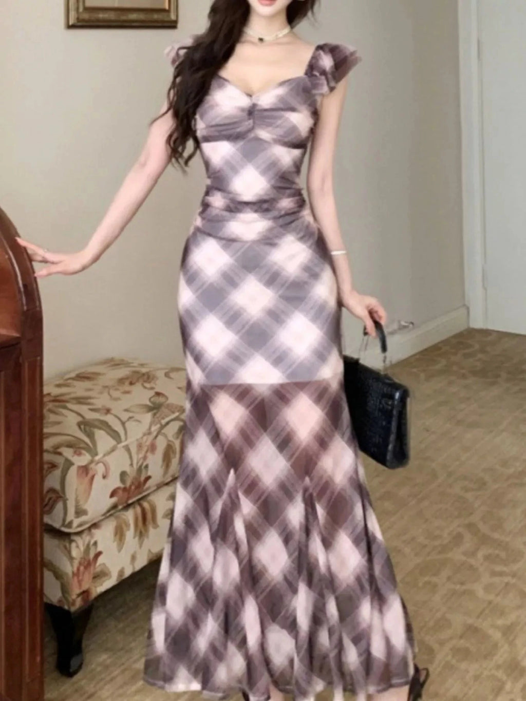 Trendy Plaid Ruffle Cap Sleeve Bodycon Maxi Dress