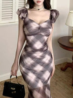 Trendy Plaid Ruffle Cap Sleeve Bodycon Maxi Dress