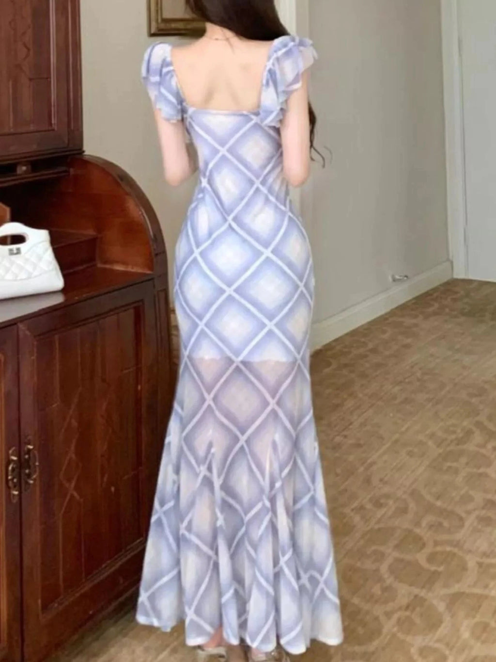 Trendy Plaid Ruffle Cap Sleeve Bodycon Maxi Dress