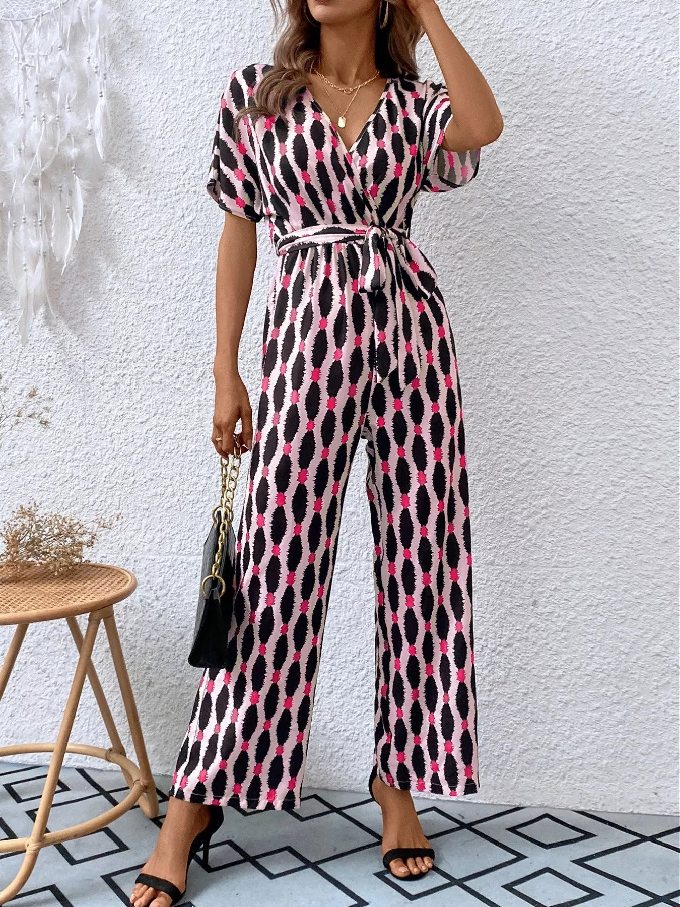 Stylish Printed Surplice Tie Waist Short Sleeve Jumpsuit - ꫀꪶꫀᧁꪖꪀᥴꫀ꠸ᠻꪗ~ 𝔈𝔪𝔟𝔯𝔞𝔠𝔢 𝔈𝔩𝔢𝔤𝔞𝔫𝔠𝔢