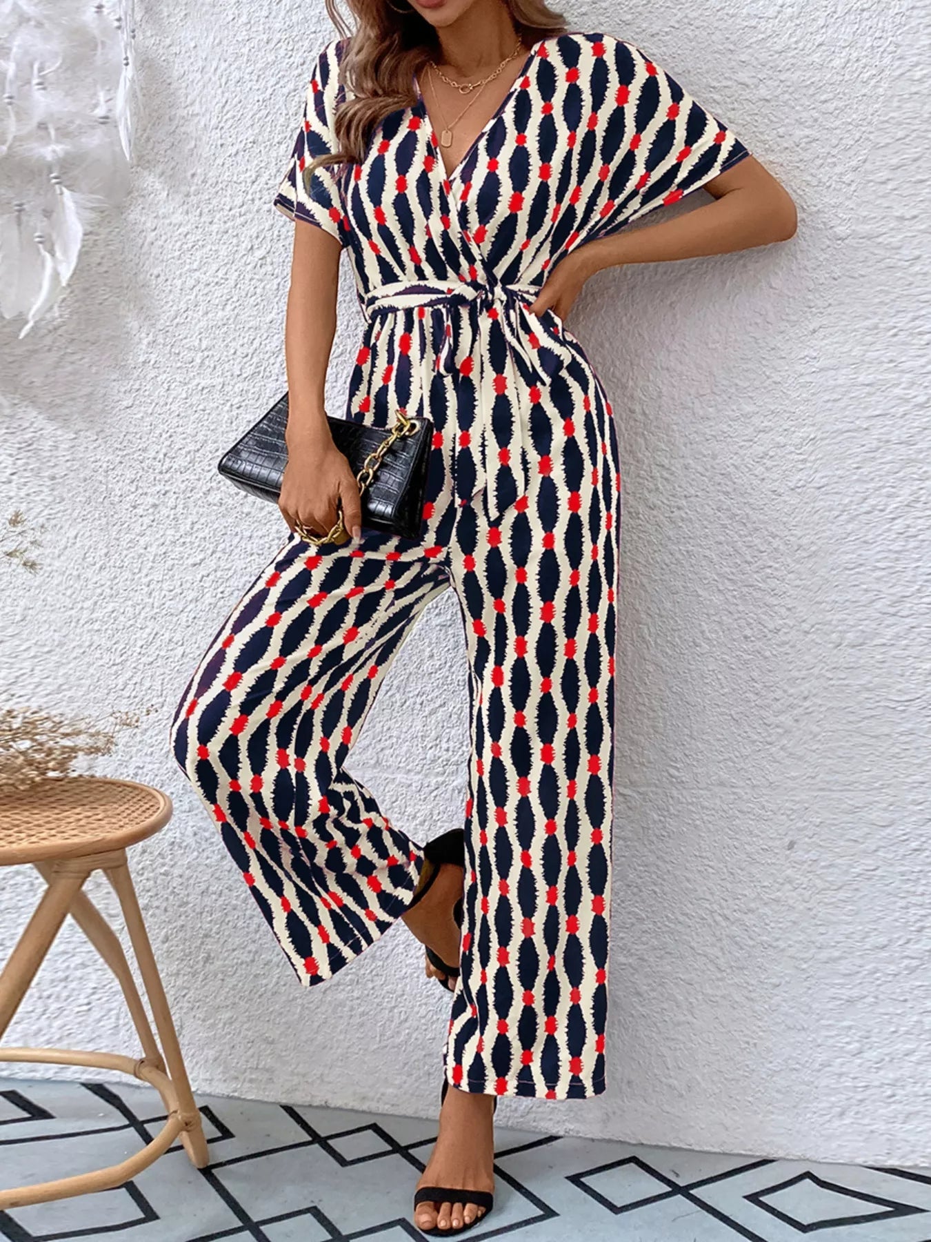 Stylish Printed Surplice Tie Waist Short Sleeve Jumpsuit - ꫀꪶꫀᧁꪖꪀᥴꫀ꠸ᠻꪗ~ 𝔈𝔪𝔟𝔯𝔞𝔠𝔢 𝔈𝔩𝔢𝔤𝔞𝔫𝔠𝔢
