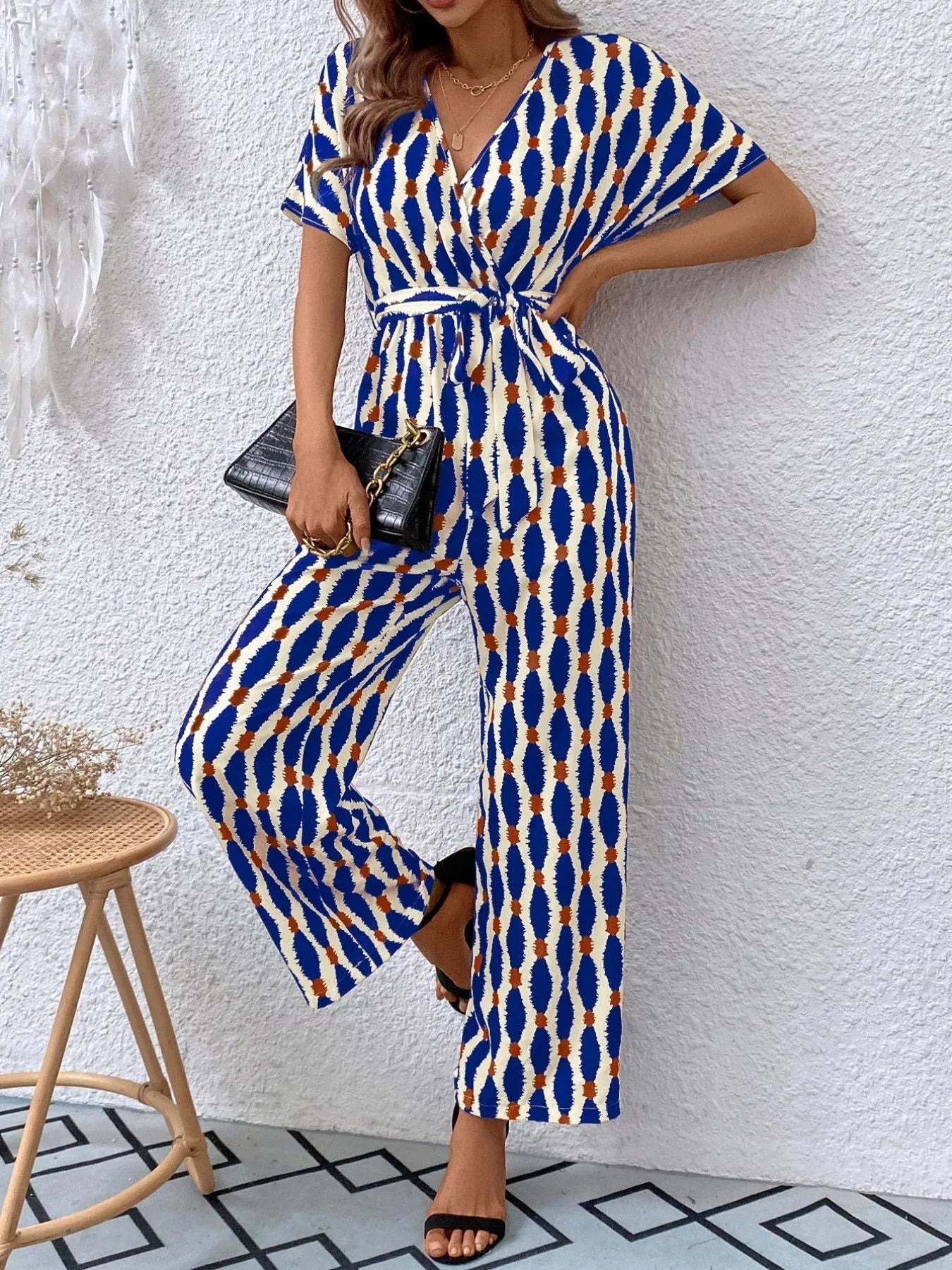 Stylish Printed Surplice Tie Waist Short Sleeve Jumpsuit - ꫀꪶꫀᧁꪖꪀᥴꫀ꠸ᠻꪗ~ 𝔈𝔪𝔟𝔯𝔞𝔠𝔢 𝔈𝔩𝔢𝔤𝔞𝔫𝔠𝔢