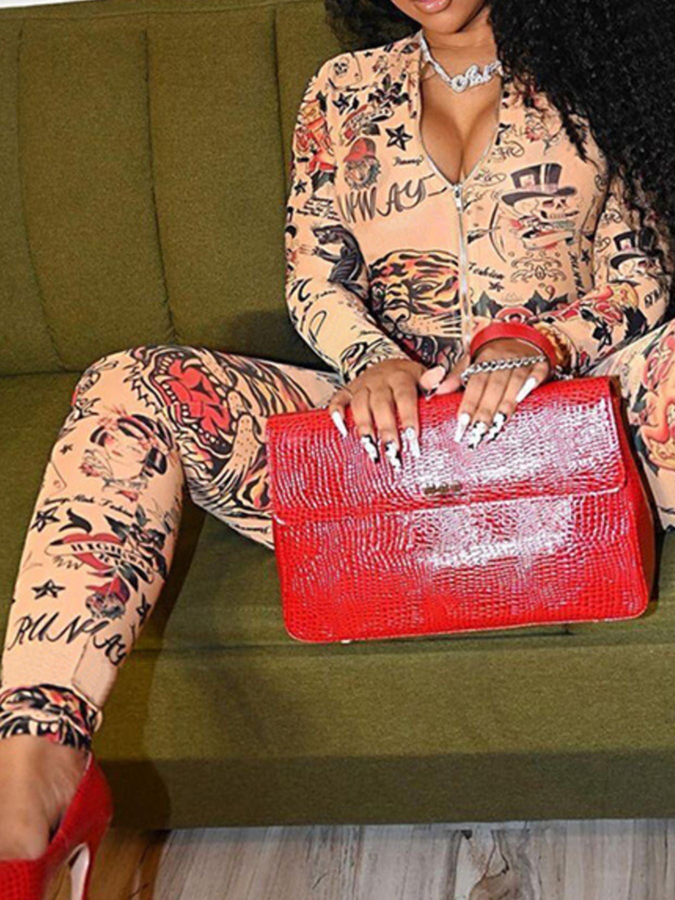 Printed Zip Front Long Sleeve Jumpsuit - ꫀꪶꫀᧁꪖꪀᥴꫀ꠸ᠻꪗ~ 𝔈𝔪𝔟𝔯𝔞𝔠𝔢 𝔈𝔩𝔢𝔤𝔞𝔫𝔠𝔢