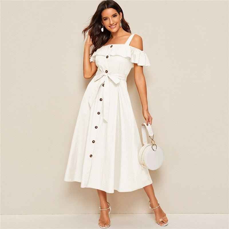 White Button-Down MIDI Dress With Fresh my Tie Waist