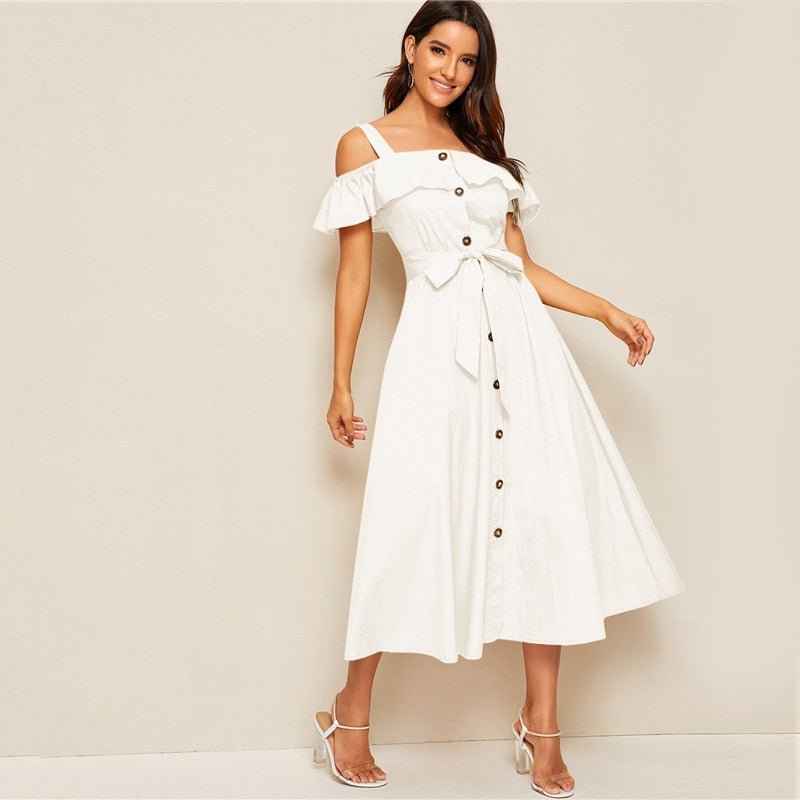 White Button-Down MIDI Dress With Fresh my Tie Waist
