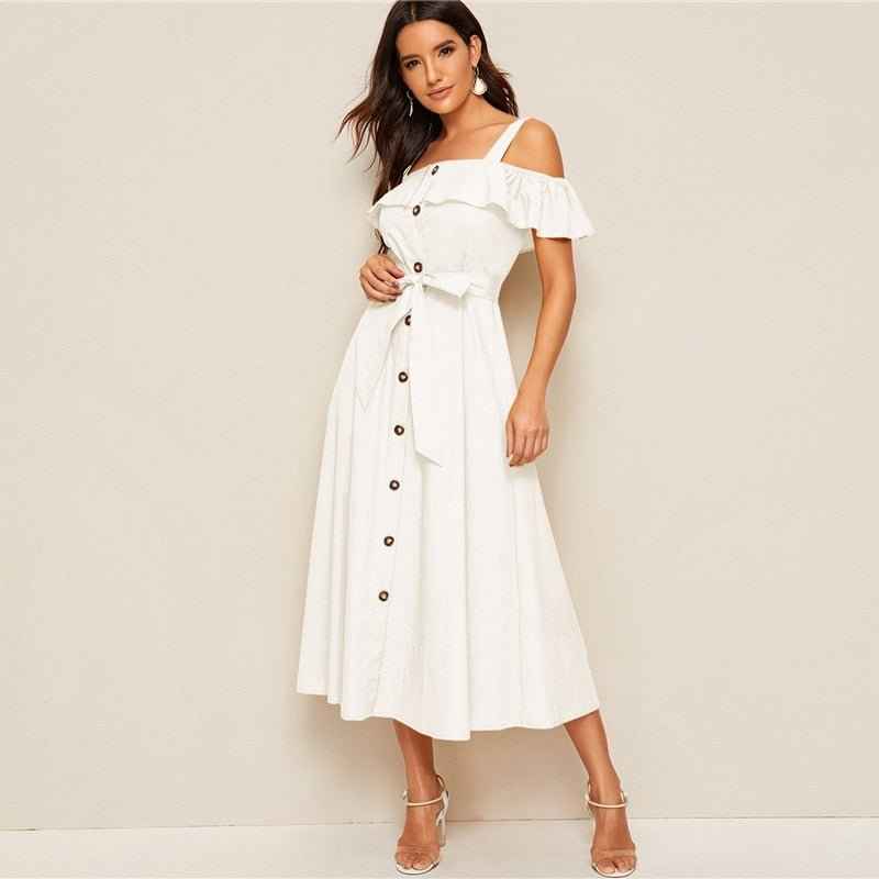 White Button-Down MIDI Dress With Fresh my Tie Waist