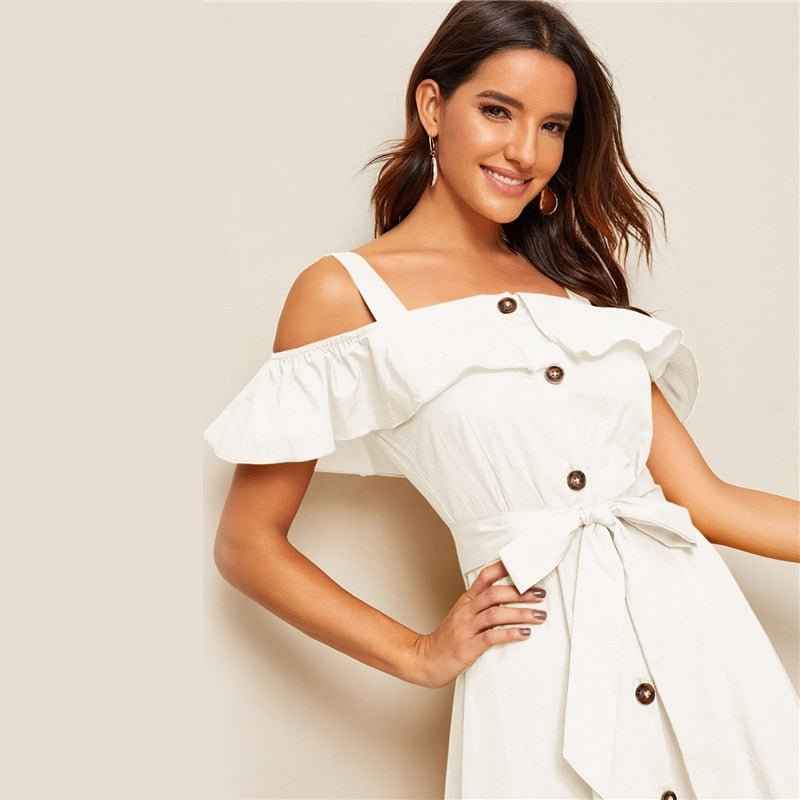 White Button-Down MIDI Dress With Fresh my Tie Waist