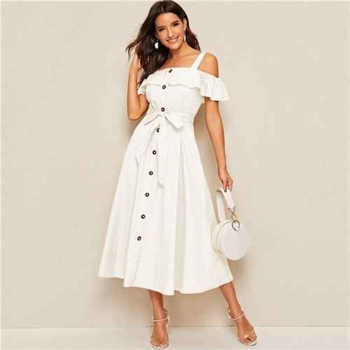 White Button-Down MIDI Dress With Fresh my Tie Waist