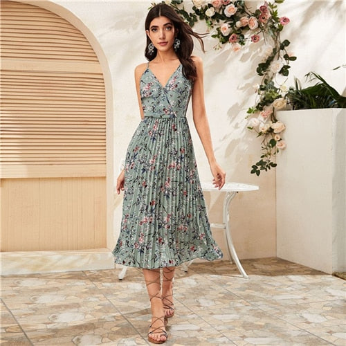 Yellow Surplice Neck Pleated Floral Cami Dress Women Summer Sleeveless High Waist Boho Wrap Long Dresses