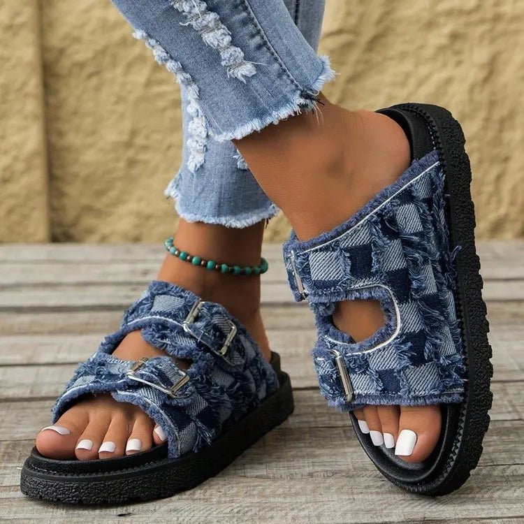 Raw Edge Checkered Cloth Buckle Slippers - ꫀꪶꫀᧁꪖꪀᥴꫀ꠸ᠻꪗ~ 𝔈𝔪𝔟𝔯𝔞𝔠𝔢 𝔈𝔩𝔢𝔤𝔞𝔫𝔠𝔢