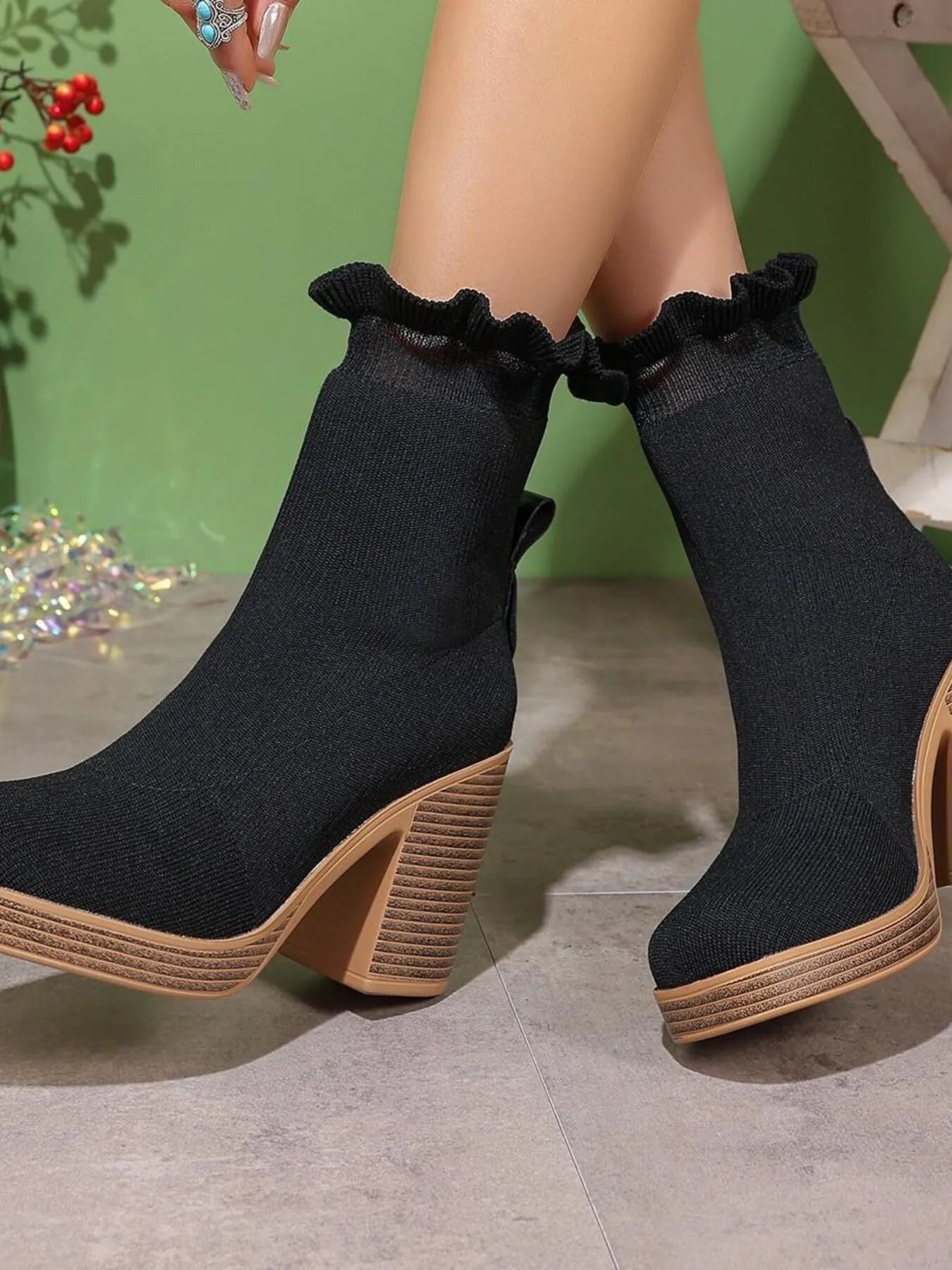 Ruffled Trim Chunky Heel Boots - ꫀꪶꫀᧁꪖꪀᥴꫀ꠸ᠻꪗ~ 𝔈𝔪𝔟𝔯𝔞𝔠𝔢 𝔈𝔩𝔢𝔤𝔞𝔫𝔠𝔢