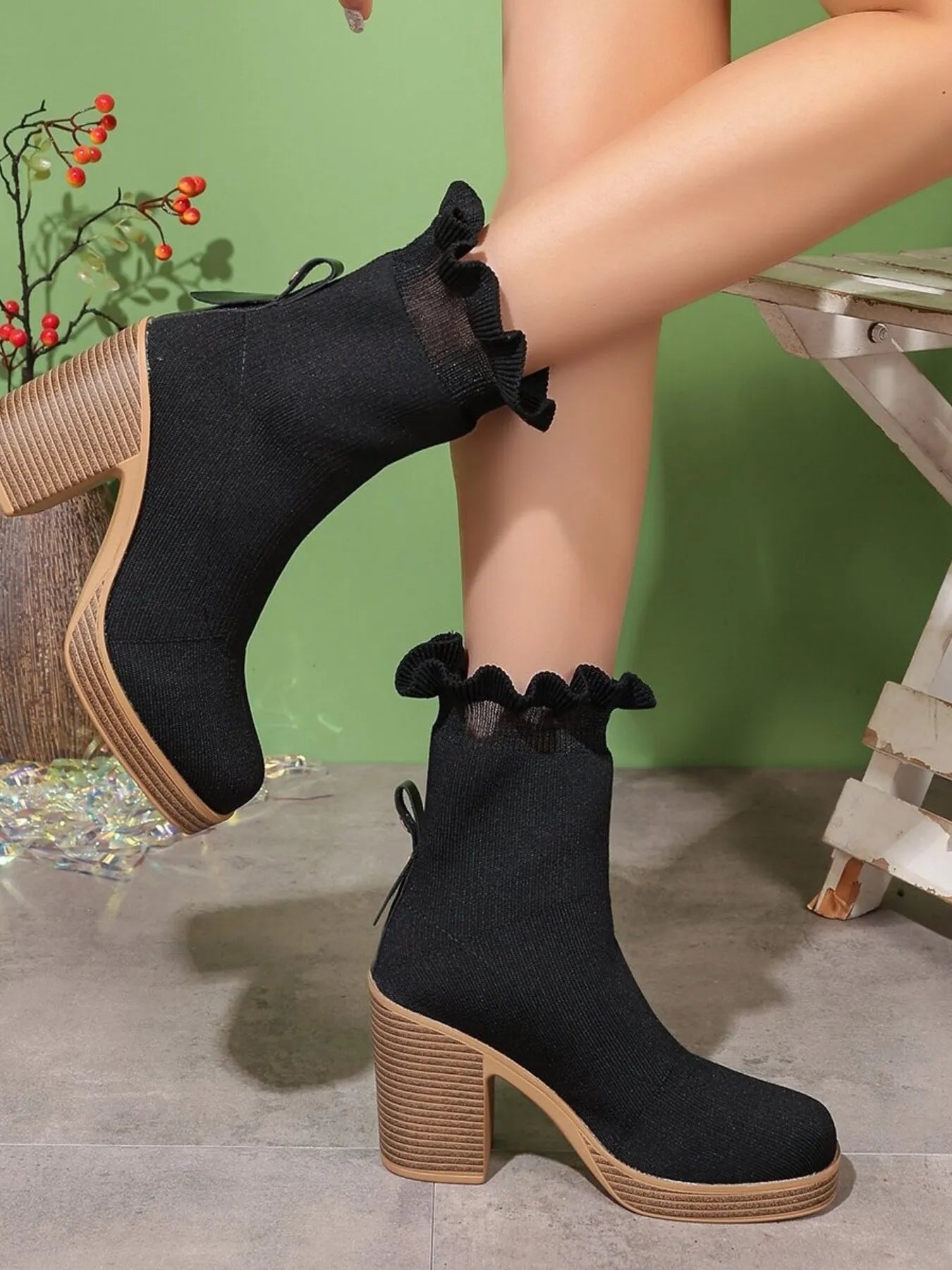 Ruffled Trim Chunky Heel Boots - ꫀꪶꫀᧁꪖꪀᥴꫀ꠸ᠻꪗ~ 𝔈𝔪𝔟𝔯𝔞𝔠𝔢 𝔈𝔩𝔢𝔤𝔞𝔫𝔠𝔢