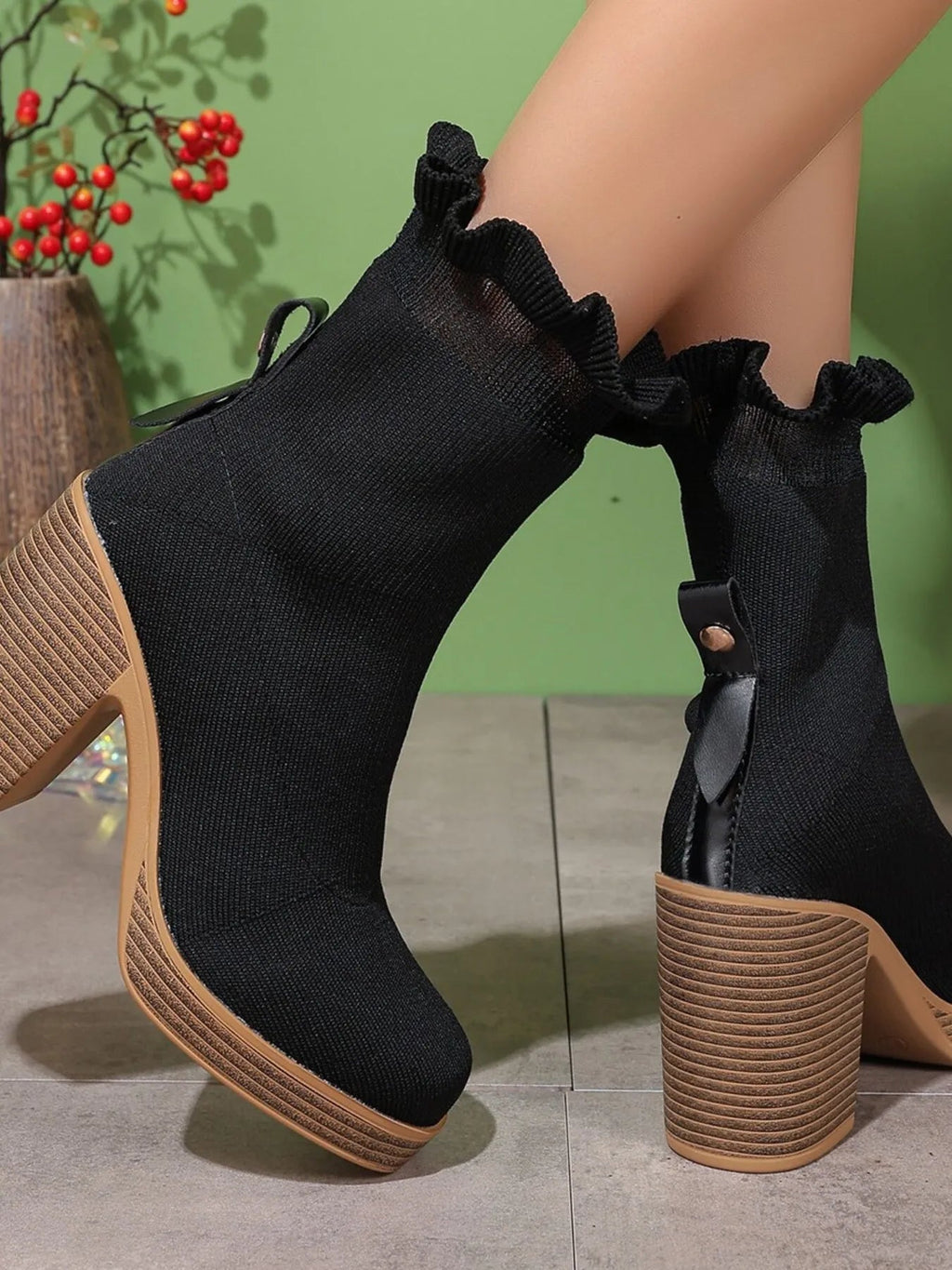 Ruffled Trim Chunky Heel Boots - ꫀꪶꫀᧁꪖꪀᥴꫀ꠸ᠻꪗ~ 𝔈𝔪𝔟𝔯𝔞𝔠𝔢 𝔈𝔩𝔢𝔤𝔞𝔫𝔠𝔢
