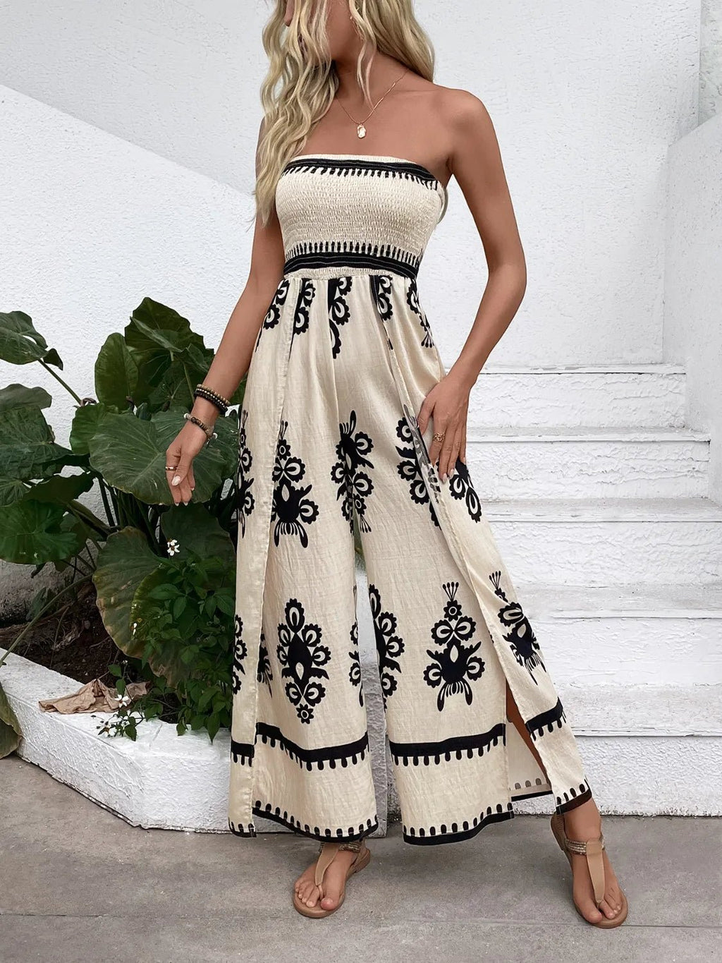 Trendy Smocked Tube Printed Wide Leg Jumpsuit - ꫀꪶꫀᧁꪖꪀᥴꫀ꠸ᠻꪗ~ 𝔈𝔪𝔟𝔯𝔞𝔠𝔢 𝔈𝔩𝔢𝔤𝔞𝔫𝔠𝔢