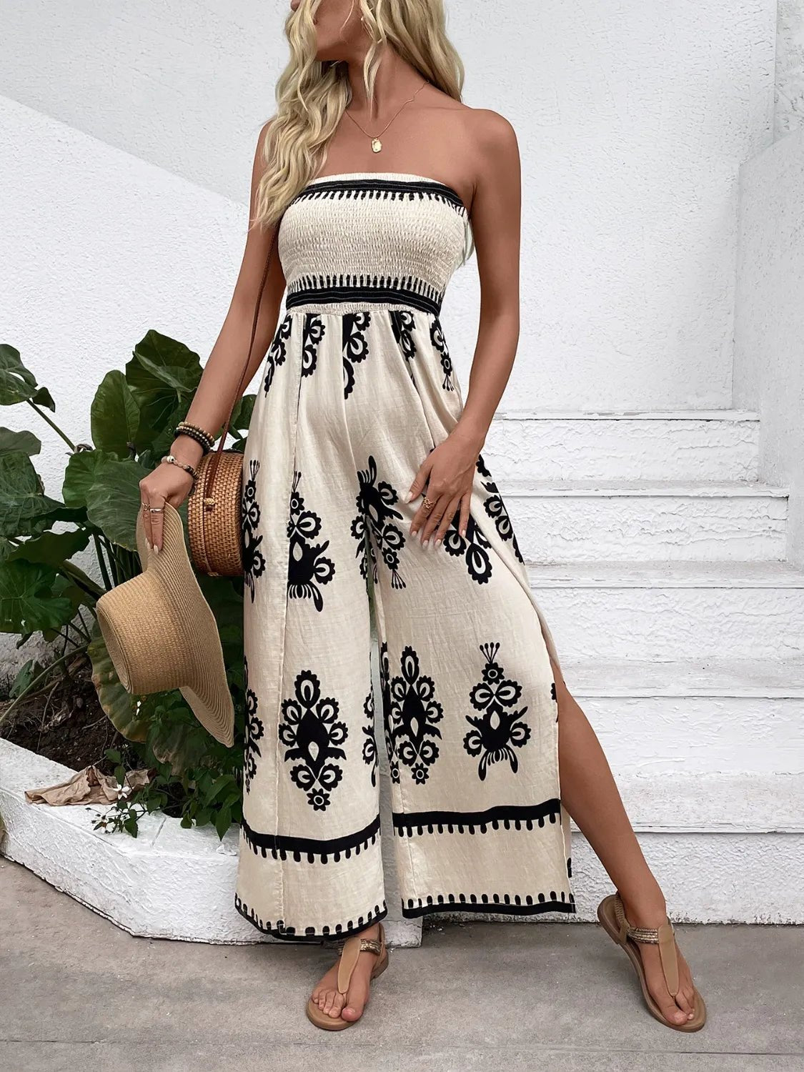 Trendy Smocked Tube Printed Wide Leg Jumpsuit - ꫀꪶꫀᧁꪖꪀᥴꫀ꠸ᠻꪗ~ 𝔈𝔪𝔟𝔯𝔞𝔠𝔢 𝔈𝔩𝔢𝔤𝔞𝔫𝔠𝔢