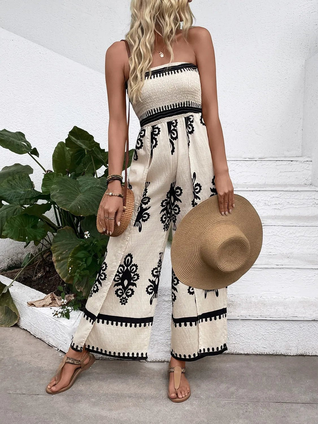 Trendy Smocked Tube Printed Wide Leg Jumpsuit - ꫀꪶꫀᧁꪖꪀᥴꫀ꠸ᠻꪗ~ 𝔈𝔪𝔟𝔯𝔞𝔠𝔢 𝔈𝔩𝔢𝔤𝔞𝔫𝔠𝔢