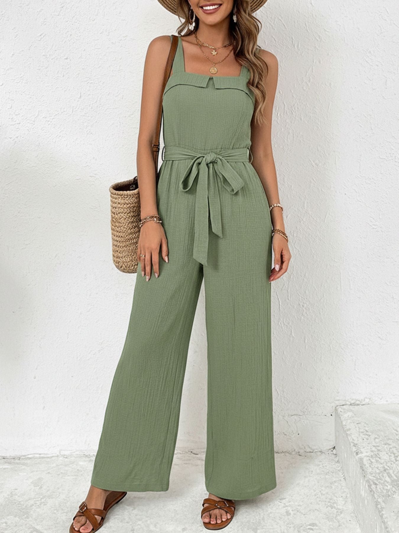 Trendy Tie Waist Wide Leg Jumpsuit - ꫀꪶꫀᧁꪖꪀᥴꫀ꠸ᠻꪗ~ 𝔈𝔪𝔟𝔯𝔞𝔠𝔢 𝔈𝔩𝔢𝔤𝔞𝔫𝔠𝔢
