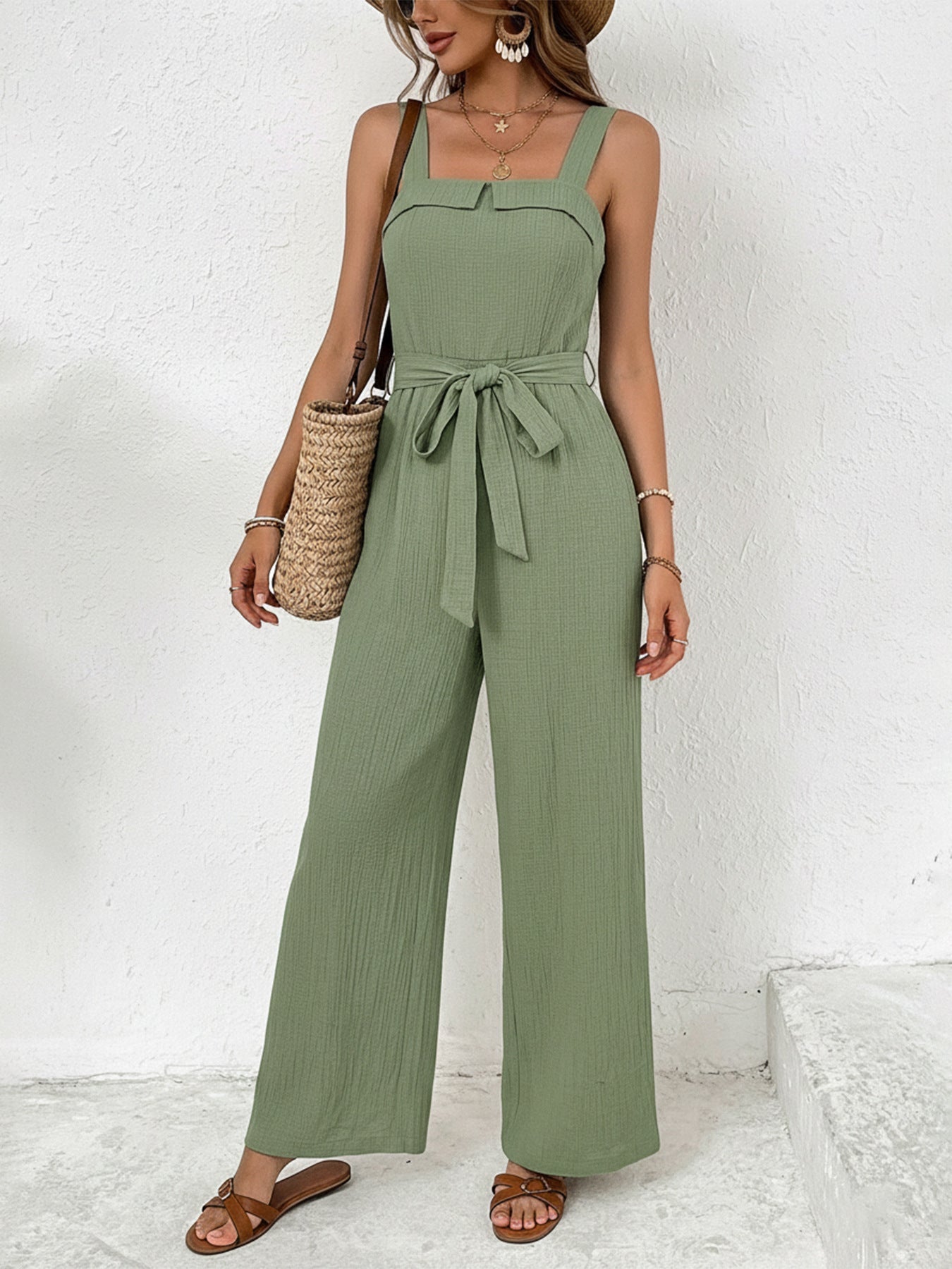 Trendy Tie Waist Wide Leg Jumpsuit - ꫀꪶꫀᧁꪖꪀᥴꫀ꠸ᠻꪗ~ 𝔈𝔪𝔟𝔯𝔞𝔠𝔢 𝔈𝔩𝔢𝔤𝔞𝔫𝔠𝔢