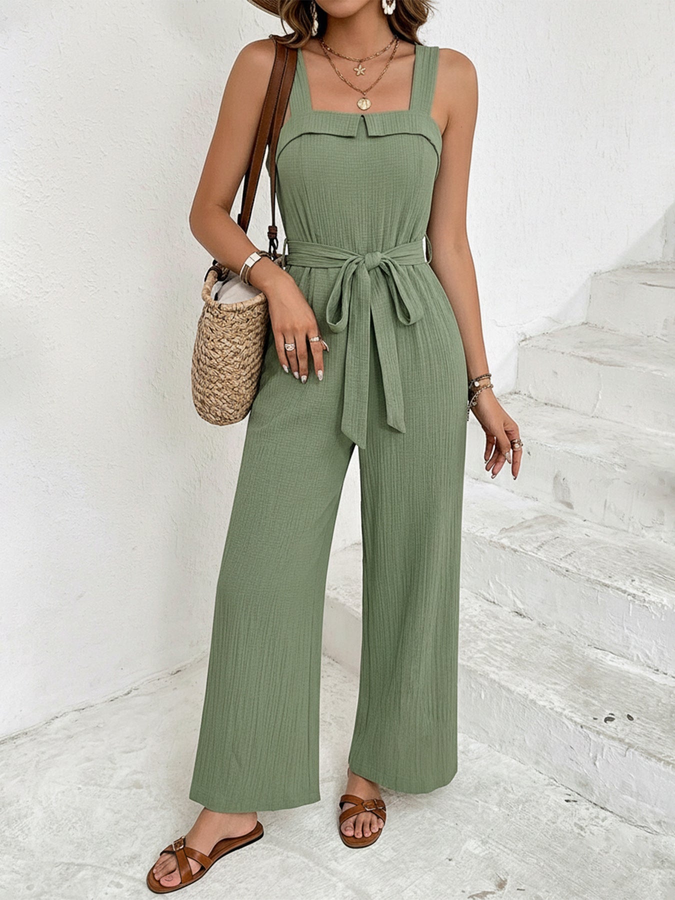 Trendy Tie Waist Wide Leg Jumpsuit - ꫀꪶꫀᧁꪖꪀᥴꫀ꠸ᠻꪗ~ 𝔈𝔪𝔟𝔯𝔞𝔠𝔢 𝔈𝔩𝔢𝔤𝔞𝔫𝔠𝔢