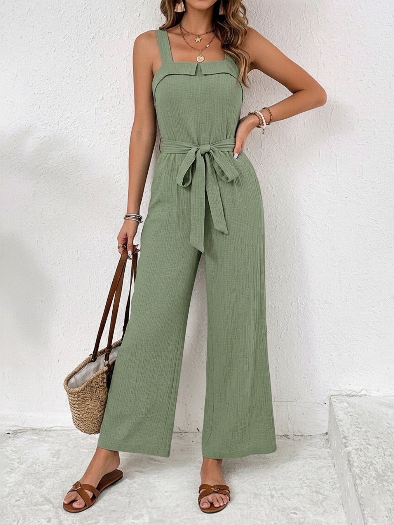 Trendy Tie Waist Wide Leg Jumpsuit - ꫀꪶꫀᧁꪖꪀᥴꫀ꠸ᠻꪗ~ 𝔈𝔪𝔟𝔯𝔞𝔠𝔢 𝔈𝔩𝔢𝔤𝔞𝔫𝔠𝔢